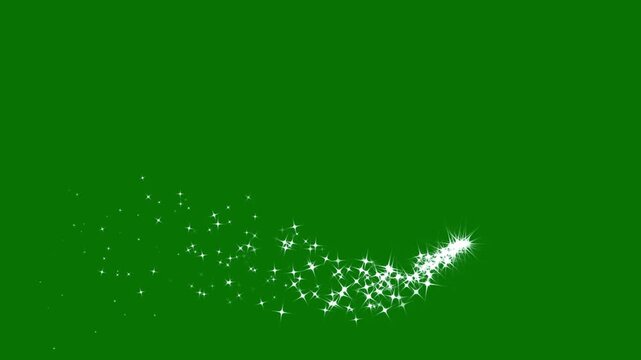 Dreamlike white sparkle shower, enchanted star particles, radiant fairy dust trail, whimsical light motion,glowing doodle stars, luxury starlight transition on green background loop