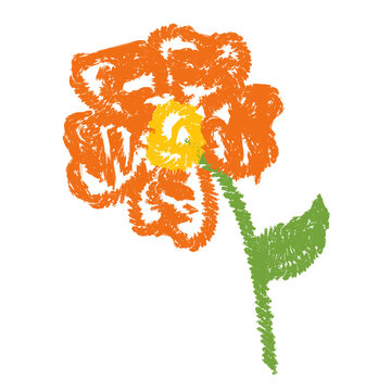 Colorful crayon-style flower illustration with bright orange petals, yellow center, and green stem with leaf. Playful textured design perfect for kids art, education, and decorative projects
