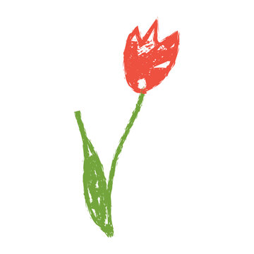 Stylized hand-drawn red tulip with pointed petals, green stem, and leaf. Minimalistic textured illustration perfect for floral design, kids art, education, and decorative creative projects