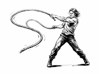Fototapeta premium A black and white ink illustration of a man swinging a long rope.