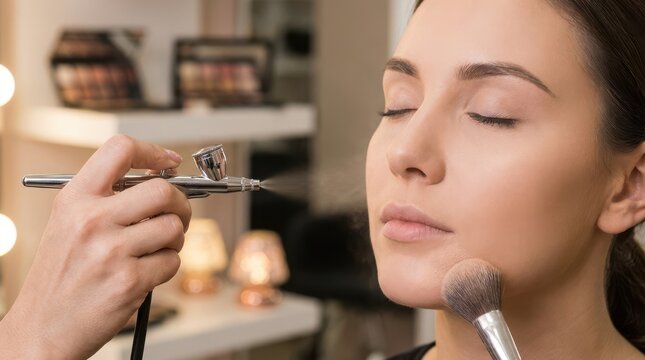 Professional makeup artist applying foundation with airbrush tool