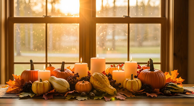 Autumnal centerpiece with pumpkins and candles on a wooden table before a sunny window with lit candles sits table against window sunset