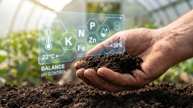 Farmer holding soil with digital overlay showing nutrient levels and environmental data