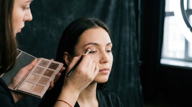 Professional makeup artist applying eyeshadow to female model