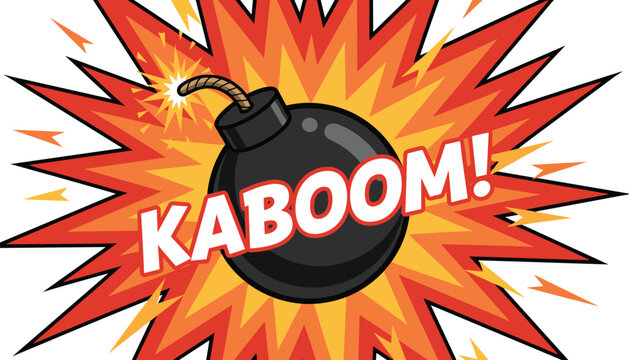 Comic style explosion illustration with a burning bomb and the bold word kaboom on a dynamic burst background.