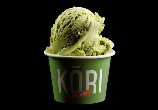 Green Ice Cream Cup Mockup PSD With Textured Scoops On Black Background