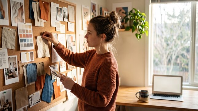 Caucasian female designer pinning fabric swatches to mood board in creative home office.