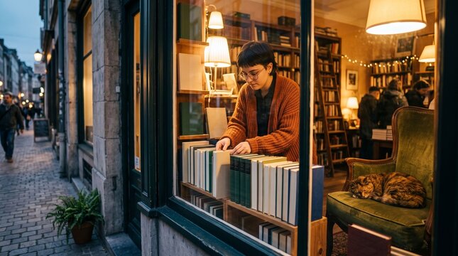 Young caucasian woman arranging books in cozy bookstore window at dusk.