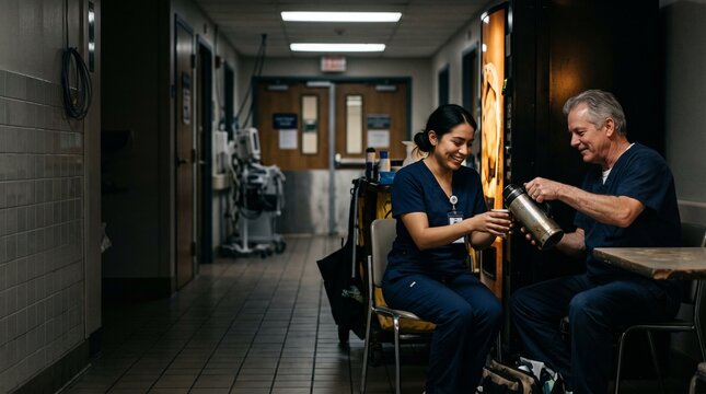 Diverse nurses taking a coffee break in hospital hallway during night shift
