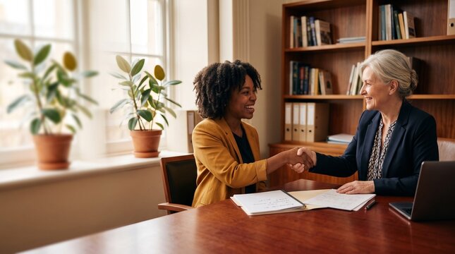 Diverse African American woman and senior businesswoman shaking hands in office.