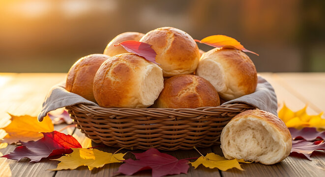 Freshly baked dinner rolls in a wicker basket on a wooden table with autumn leaves