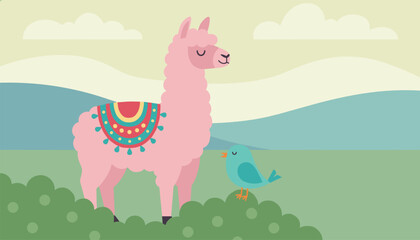 Fototapeta premium Cute pink llama with a colorful decorative saddle blanket standing next to a small blue bird in a tranquil outdoor landscape.