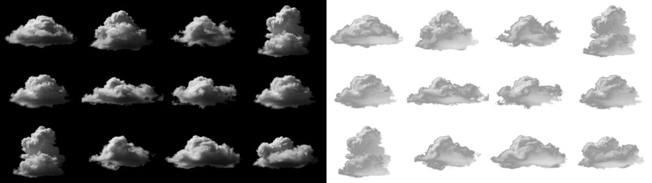 Set of various white cumulus clouds isolated on transparent background, collection of realistic fluffy cloud shapes for photo manipulation and sky compositing