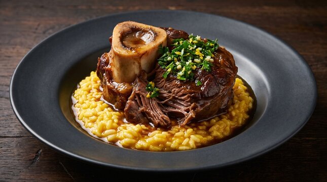 Traditional Italian osso buco featuring a slow braised tender veal shank revealing a rich marrow bone, served over creamy saffron risotto with fresh gremolata on a dark ceramic dinner plate