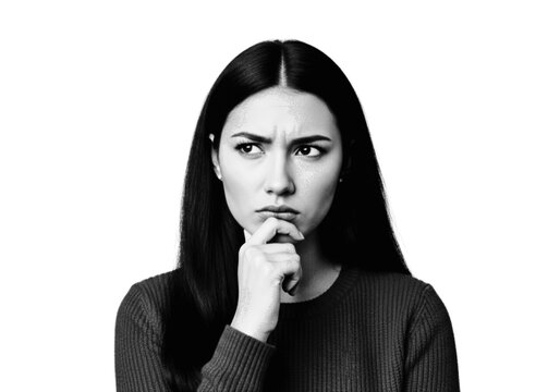 Thoughtful woman resting chin on hand in neutral pose Vector, illustration