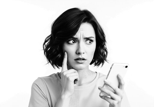 Young woman touching her face with a thoughtful expression Vector, illustration