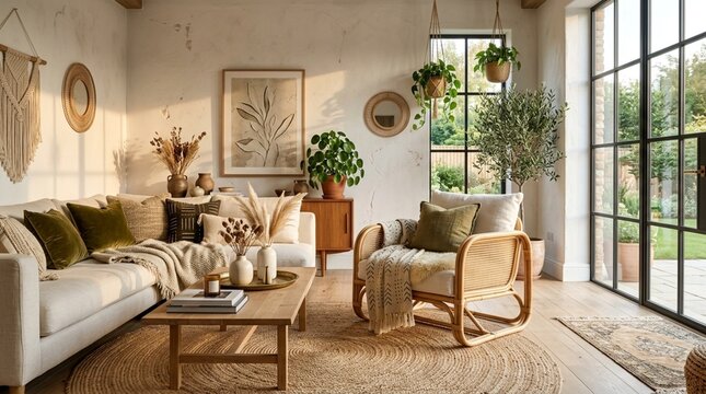 Bohemian Living Room Interior, Natural Light, Plants, Rattan Furniture