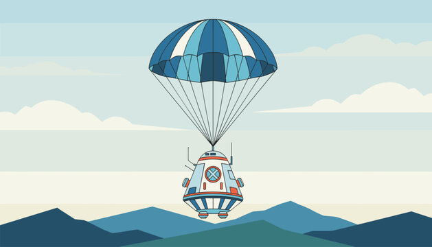 Space capsule descending safely to earth under a large blue and white striped parachute over a scenic mountain landscape.
