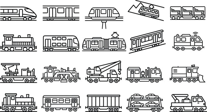 Railway and Metro Transportation Outline Icon Collection in Pure Black, Twenty Distinct Passenger Freight Maintenance and Rail Service Vehicles with Clean Polished Professional Vector Symbols on White