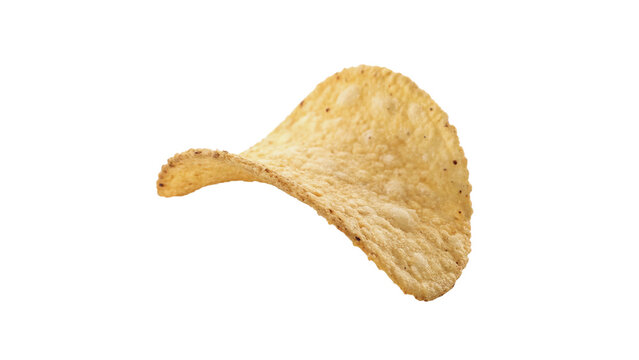 Single crunchy golden potato chip snack isolated on transparent background