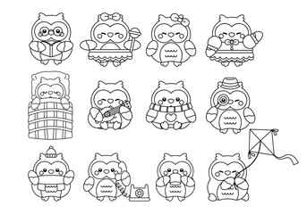 Fototapeta premium Cute kawaii outline owl characters set with glasses and kite