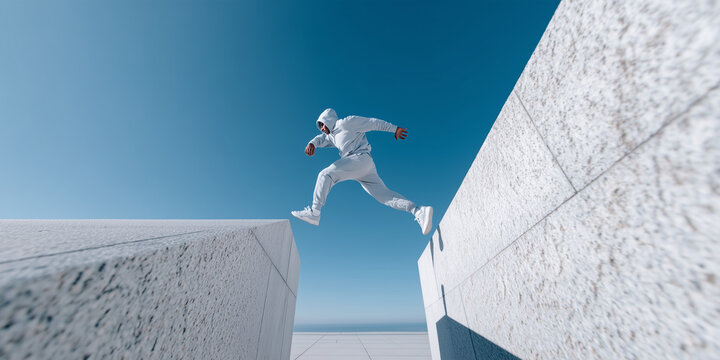 Athlete Performing Parkour Leap Between Concrete Structures &mdash; Dynamic Urban Sports Action Portrait

