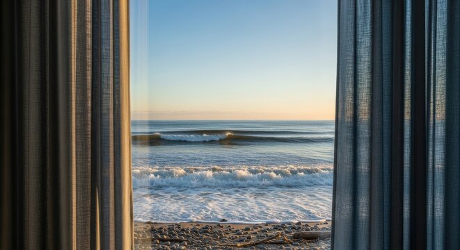 Serene beach view through open window frames
