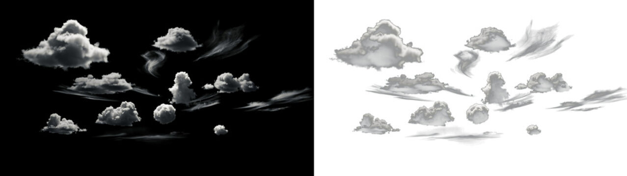 Set of various fluffy white clouds isolated on transparent background, collection of different cloud shapes for sky compositing and digital art design