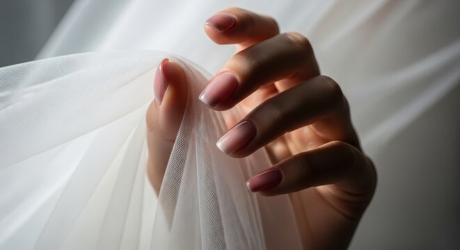 Hands holding sheer fabric in soft natural light