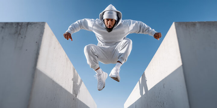 Athlete Performing Parkour Leap Between Concrete Structures &mdash; Dynamic Urban Sports Action Portrait

