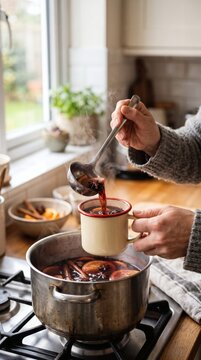 Ladling steaming mulled wine into enamel mug