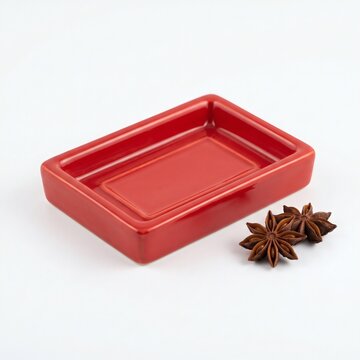 Red soap dish with star anise on white