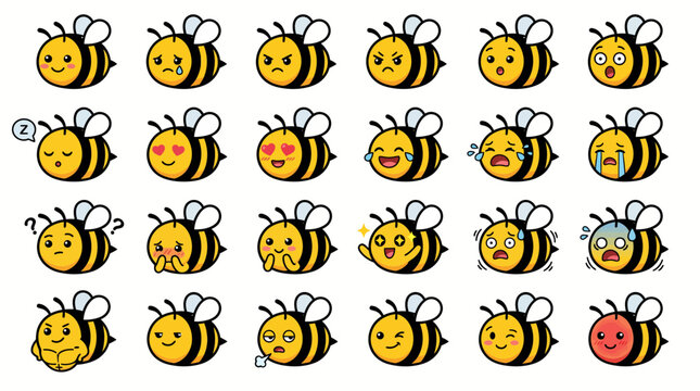 Diverse collection of charming cartoon bee character icons displaying a spectrum of emotions and playful expressions, ideal for digital design and engaging content