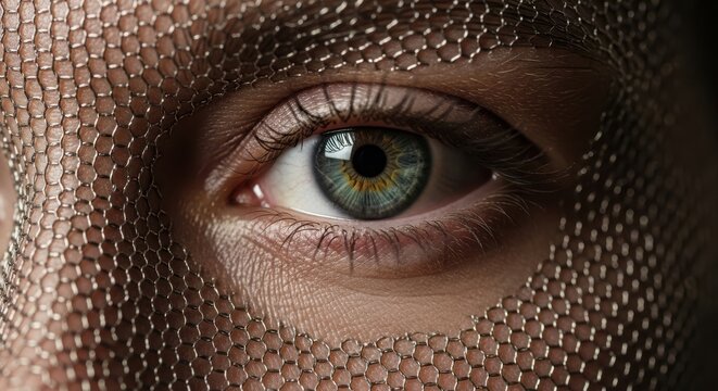 A close-up of a human eye peering through a textured veil