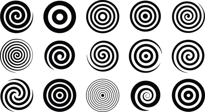 Black spiral swirl icon set, various circular hypnotic vortex shapes vector illustration collection isolated on white