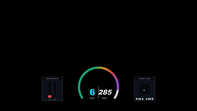 High-speed track simulation telemetry HUD overlay. Features continuous top-speed data, subtle steering G-force, high RPM red-line persistence, and minimal braking.