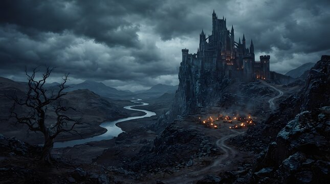 Gothic castle perched on a rocky cliff overlooking a winding river under dark clouds