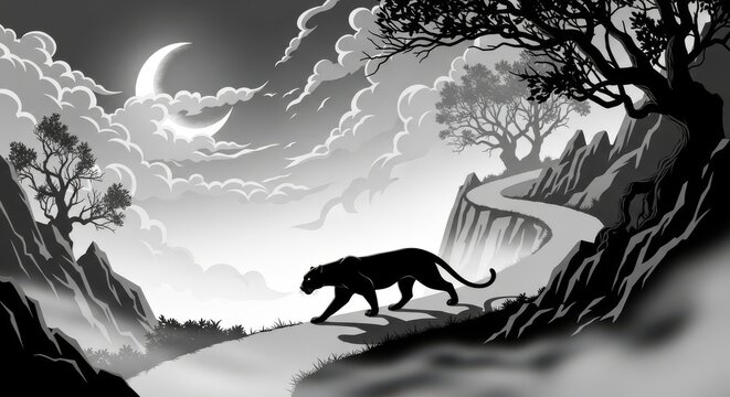 Mysterious panther navigating a moonlit forest path
