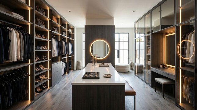 Luxurious Modern Walk-In Closet with Island and Vanity, Warm Lighting