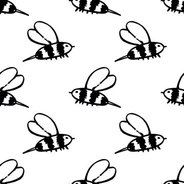 Seamless pattern with hand drawn happy funny cute honey bee Adorable flying striped insect friendly kawaii bumble bee For kids print, wrapping paper, packaging, fabric