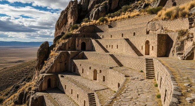Ancient terraced structures nestled in arid mountain landscape