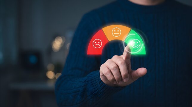 Person touching happy smiley face on feedback satisfaction meter gauge