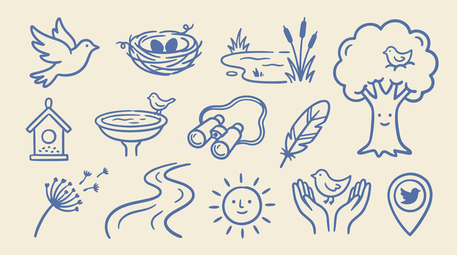 Birdwatching and garden wildlife line icon collection with flying bird, nest, birdhouse, birdbath, feather and winding stream, hand drawn blue outline vector on cream background