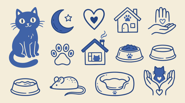Cat lifestyle and nighttime pet care line icon collection with black cat, moon and star, paw print, food bowl and sleeping pet theme, blue hand drawn vector on cream background