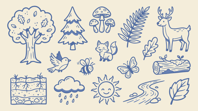 Forest ecology and biodiversity line icon collection with deciduous tree, pine tree, flying bird, bee, healthy soil and rain cloud, hand drawn blue outline vector on cream background