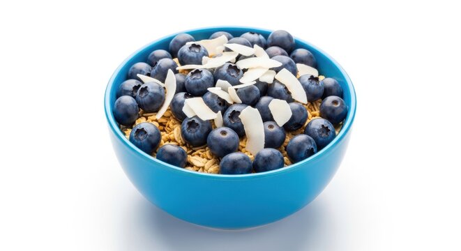 Fresh blueberries mixed with granola in a blue bowl
