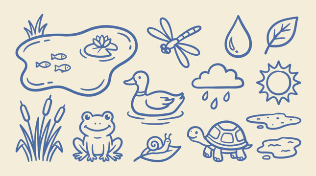Pond ecosystem and freshwater wildlife line icon collection with fish, water lily, reeds, frog and natural pond habitat, hand drawn blue outline vector on warm cream background