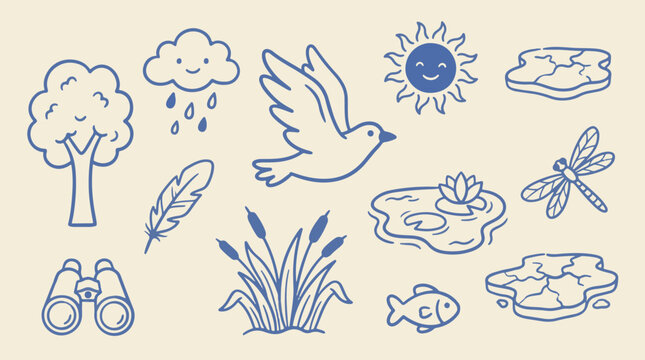 Nature study and birdwatching line icon collection with leafy tree, rain cloud, feather, binoculars and wetland grass, hand drawn blue outline vector illustration on cream background