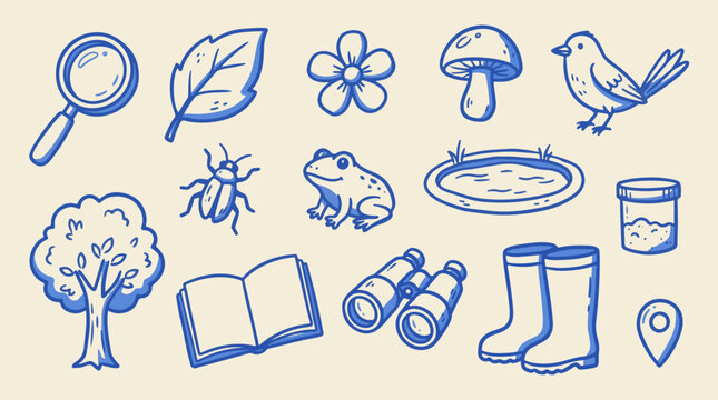 Nature education and environmental research line icon collection with magnifying glass, leaf, tree, insect and open book, hand drawn blue outline vector on cream background