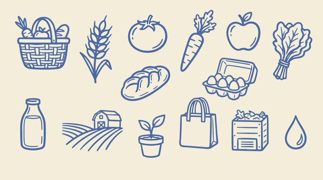 Local food and sustainable agriculture line icon collection with market basket, wheat, milk bottle and farm fields, hand drawn blue outline vector illustration on cream background